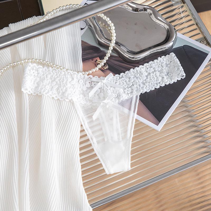 Women's Summer Sexy Lace Hollowed-out Mesh Bow Solid Color Low Rise Panties