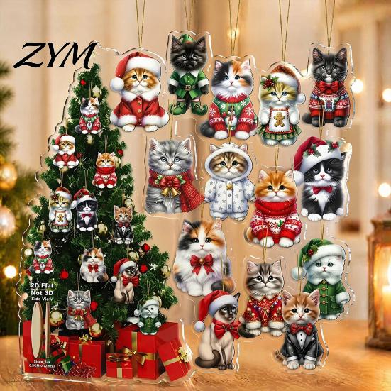 Festive Party Supplies Cute Cat Christmas Ornaments, 2D Wooden Cartoon Tree Xmas Gift for Friends Hanging Decorations Winter Holiday Home Decor