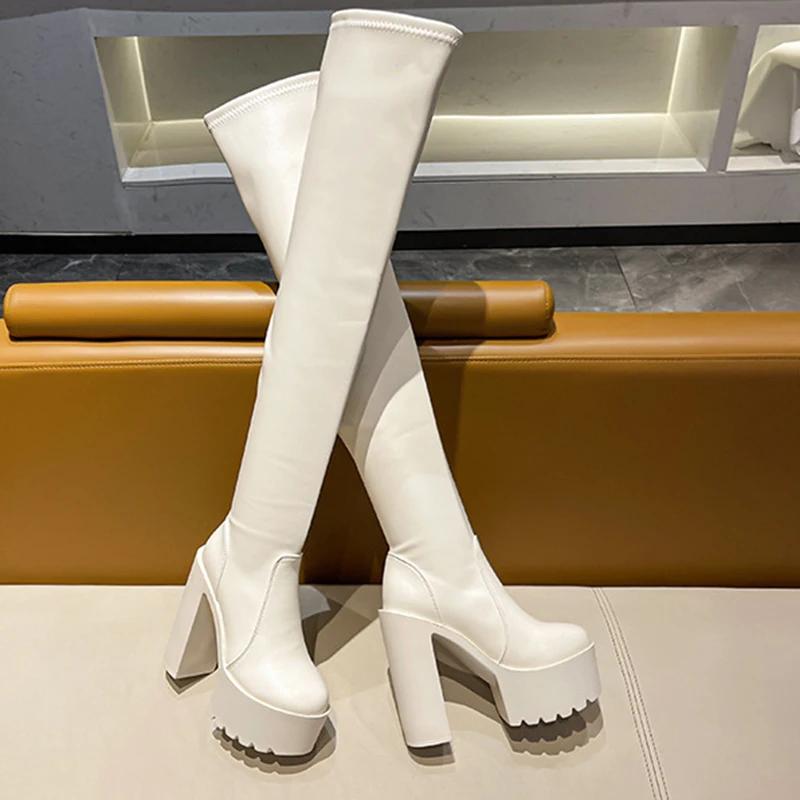 Fashion New Sexy Over The Knee Boots Round Toe 14cm Chunky High Heel Women's Shoes Long Boots Black Platform Round Toe Thigh High Botas