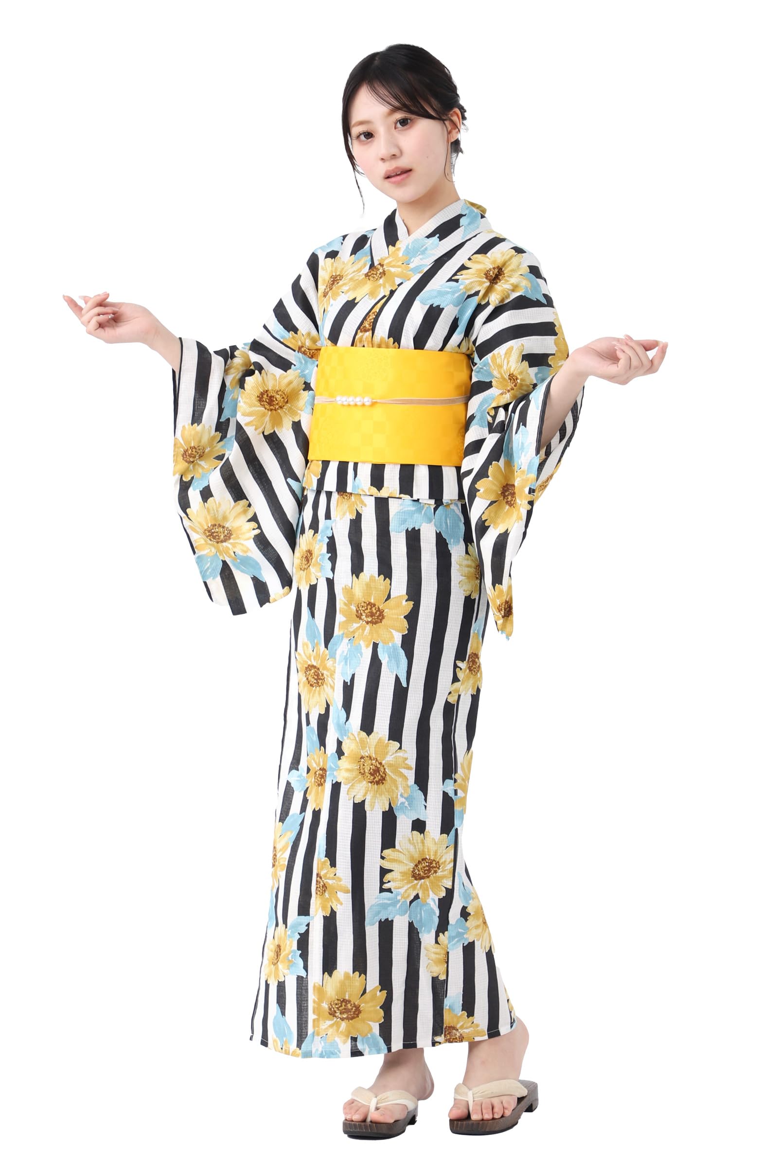 

Комплект юката с вертикальными полосками, легко подобрать размер, идеально подходит для фестивалей фейерверков и летних фестивалей [TAYU-TAFU] Двухкомпонентный предзавязанный оби, платье,