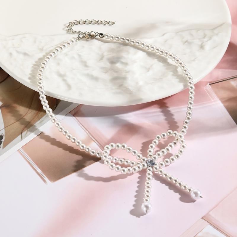 Handmade Butterfly Pendant Jewelry Set Imitation Pearls Beaded Bow Knot Necklace Earrings Bracelet Elegant Accessory