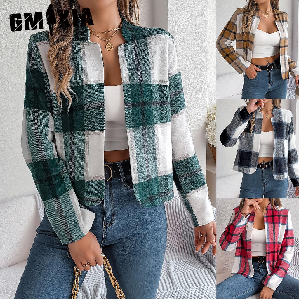 GMXIA Autumn and Winter Casual Plaid Long-sleeved Woolen Jacket Women's Wear