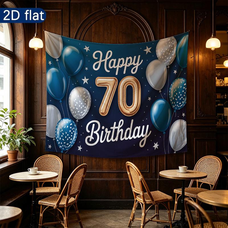 Blue 70th Balloon Birthday Backdrop 1pc - Polyester Banner