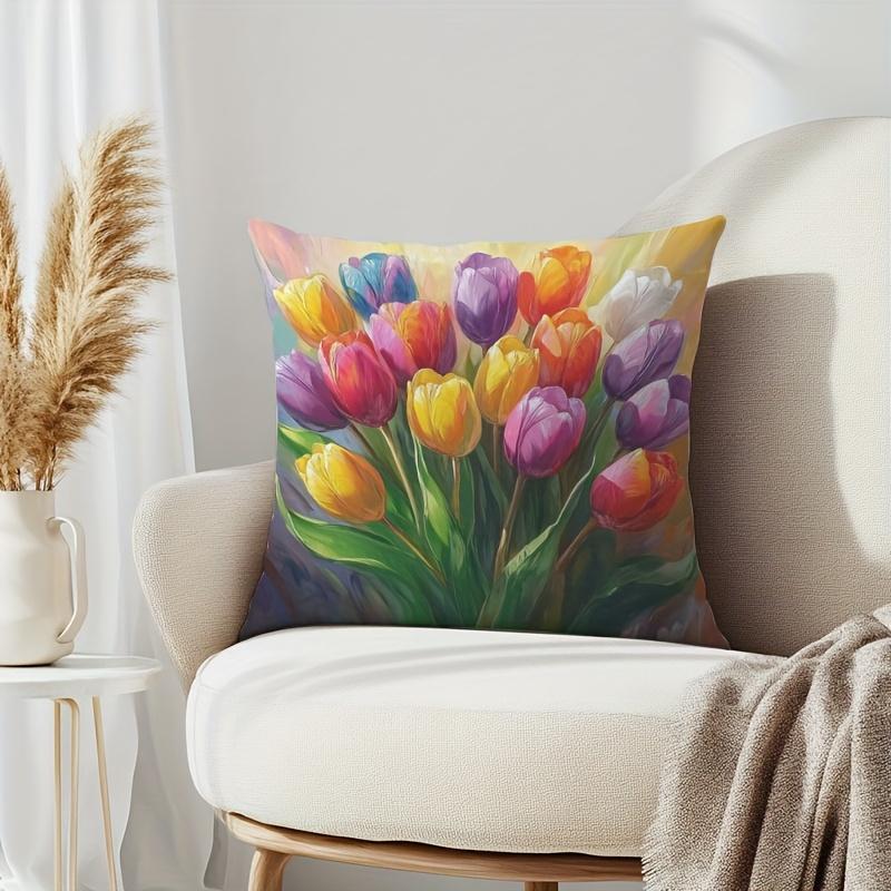 1Pc Colorful Tulip Oil Painting Style Throw Pillow Cover,Suitable For Sofa,Bedroom,Living Room,Easily Create A Spring Atmosphere
