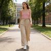 Women Pants High Waist Lace-up Casual Wide Leg Trousers with Pockets Pure Color Design Loose Fit Long Pants Daily Wear