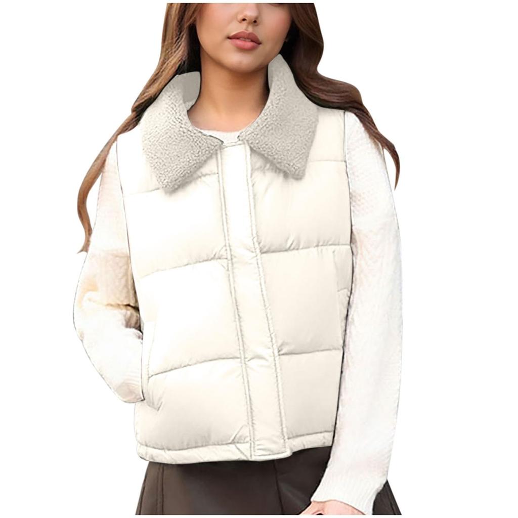 Vêtement d'extérieur pour femme de couleur unie avec col, gilet thermique en coton