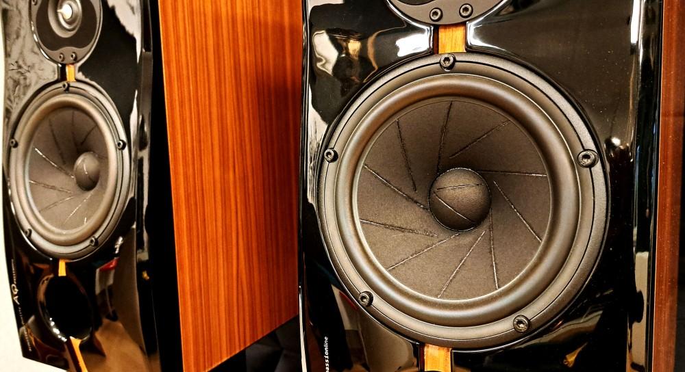 Acoustique Quality PASSION TEEN - Zweibahnige Regallautsprecherbox mit 160W Leistung, Furnier NUSSBAUM, Front Lack SCHWARZ, Acoustique Quality