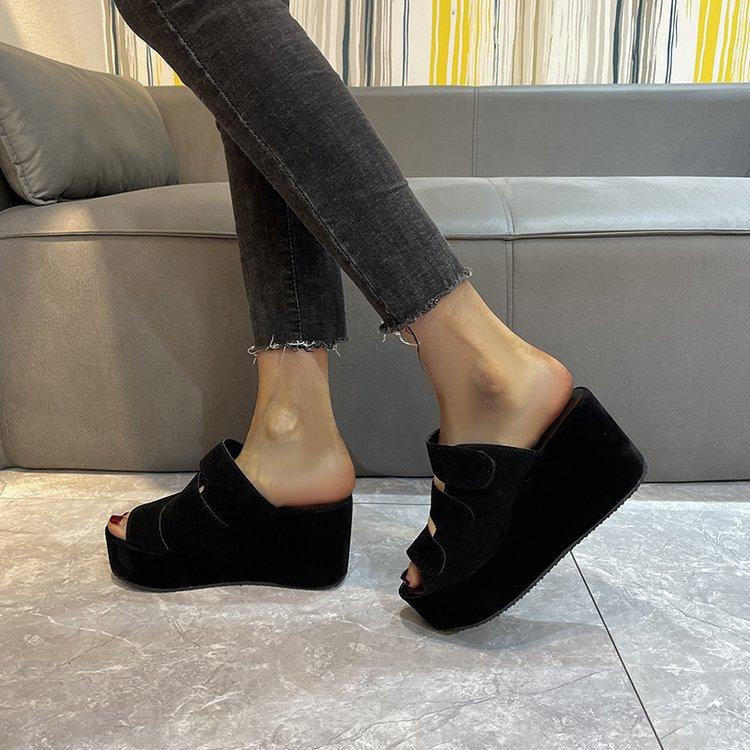 Foreign trade summer one-word drag muffin wedge heel waterproof table fish mouth cool slippers hollow inner height increase thick-soled high heels wom