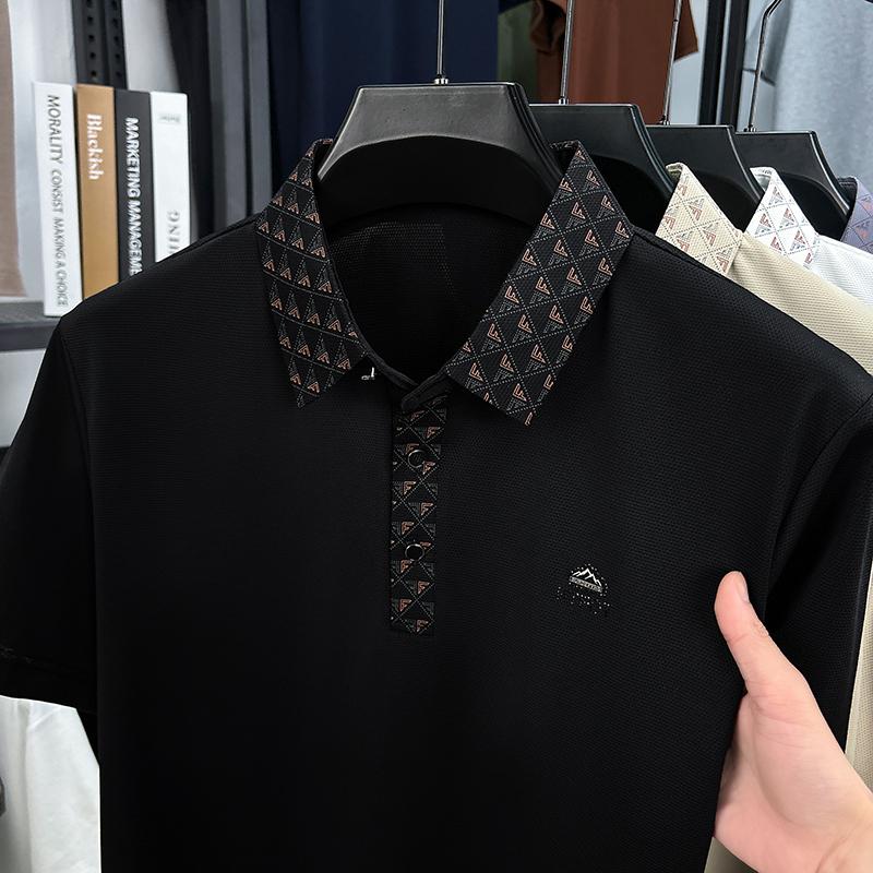 Light Luxury Summer Business and Leisure Dad's Dress Flip Collar Ice Silk Half Sleeve Printed Bottom Polo Shirt