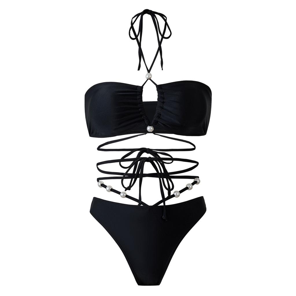 Latest Split Swimsuit for Women Sexy Neck Halter Chiffon Wrap Skirt Three-piece Kit