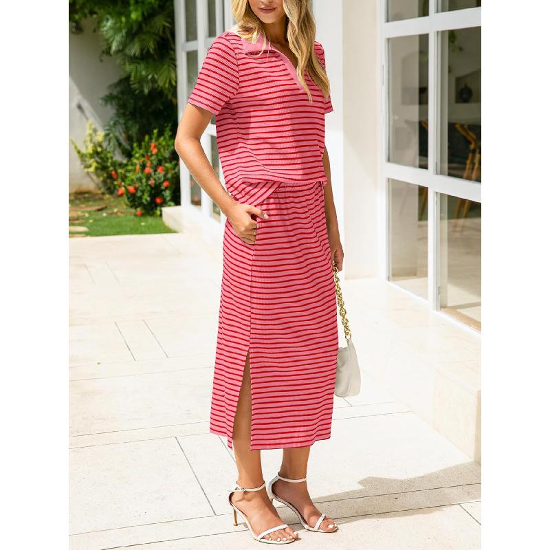 2026 Summer New Women's Fashion Casual Turn-down Collar T-shirt and Slit Skirt Set