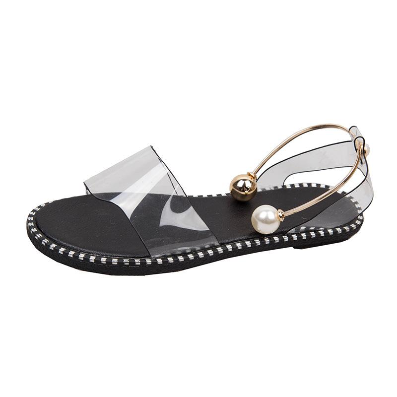 European and American one-word buckle flat sandals women's new open-toed simple pearl metal buckle cool slippers