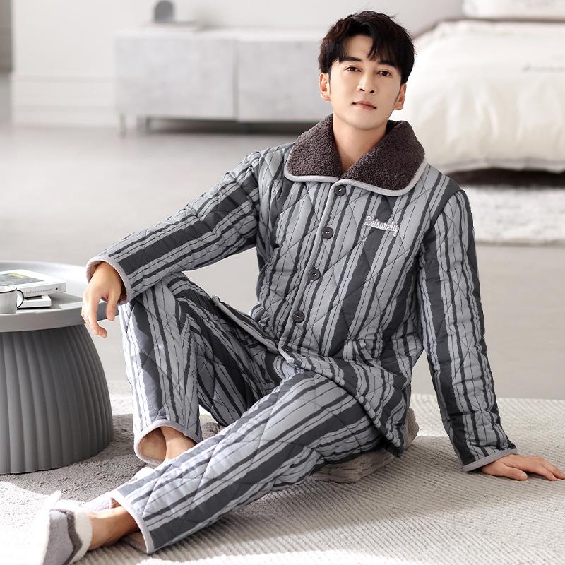 Pajamas Men'S Winter And Winter Warm Fleece Thickened Three-Layer Padded Jacket Can Be Worn Outside Men'S Coral Fleece Loungewear