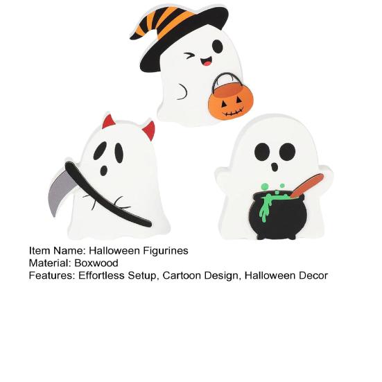 Cute Halloween Ornaments 3Pcs Sweet Ghost Decor, Wooden Figurines with Candy Safe Tabletop Pumpkin & Cauldron, Centerpiece for Home, Party Bakery