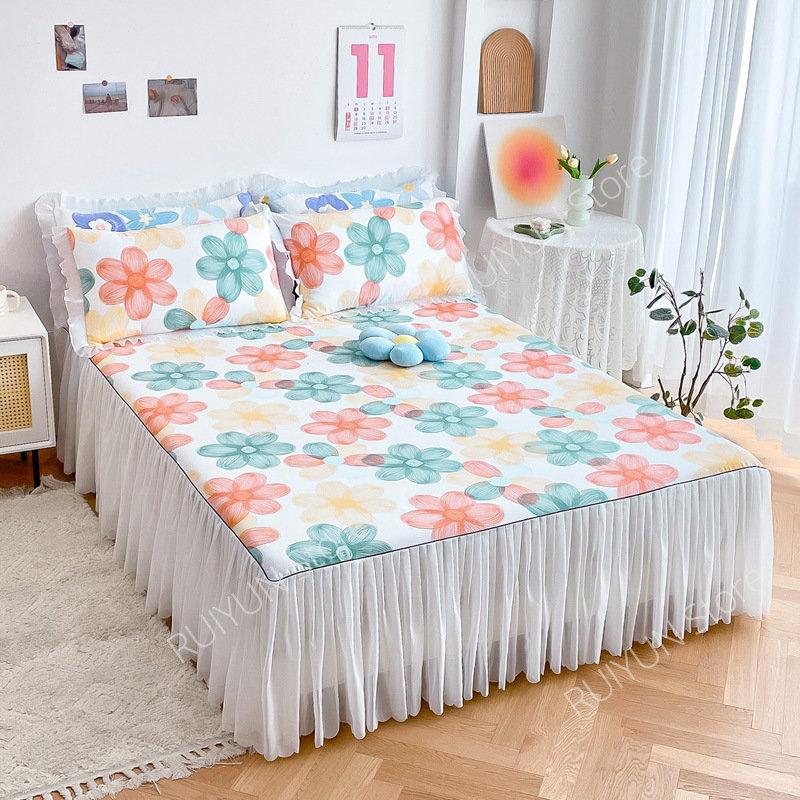 Decorative Lace Ruffled Bed Skirt Non-slip Mattress Cover Princess Printed Bed Skirt Bedsheet Bed Cover Home Bedspread Bed Skirt