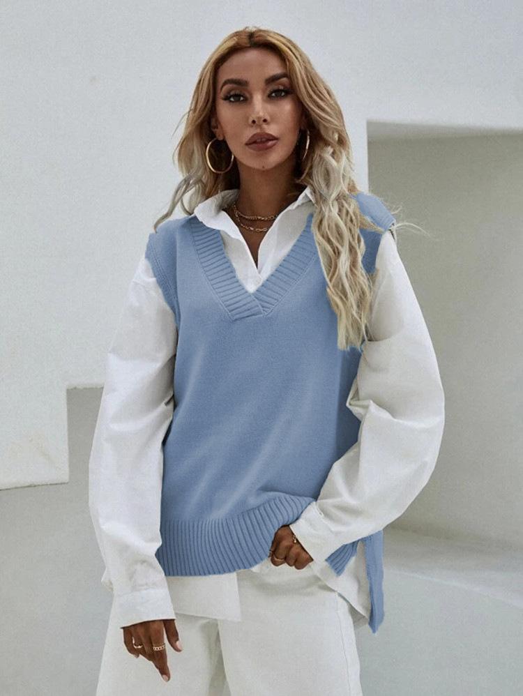 Dámská přiléhavá bezrukávová vesta se svetrovým úpletem s výstřihem do V - Nový jarní pletený top