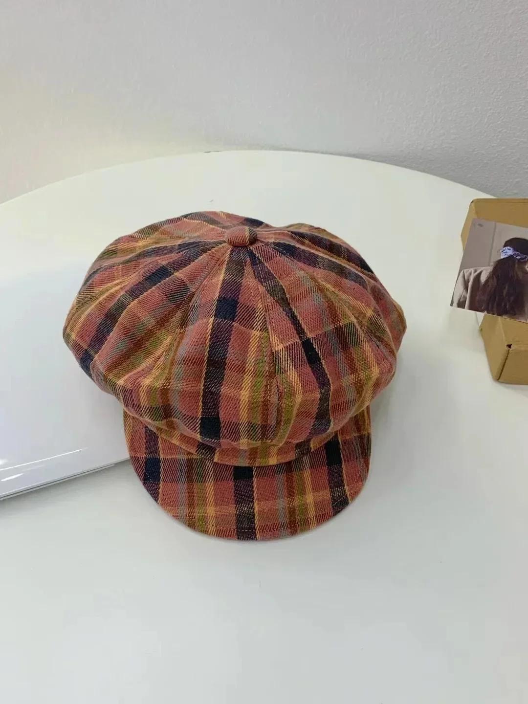 Винтажная клетчатая кепка газетчика - 8-панельная британская кепка пекаря для женщин, визуально сужающая лицо, ретро плоская кепка M(56-58CM)