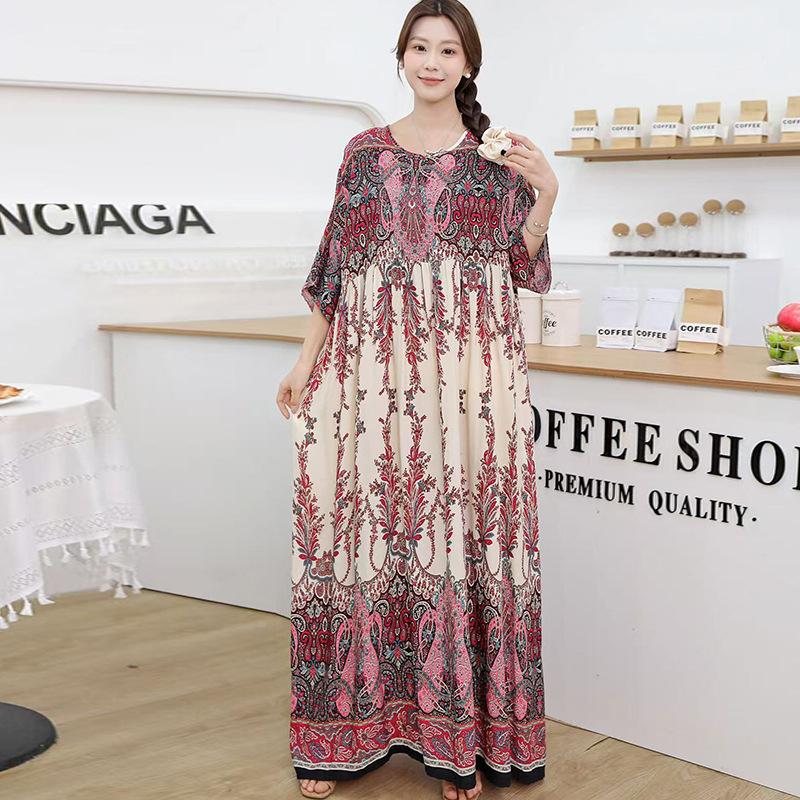 South East Asia 100kg super fat dress fat girl plus short sleeve maternity dress loose floral beach long skirt