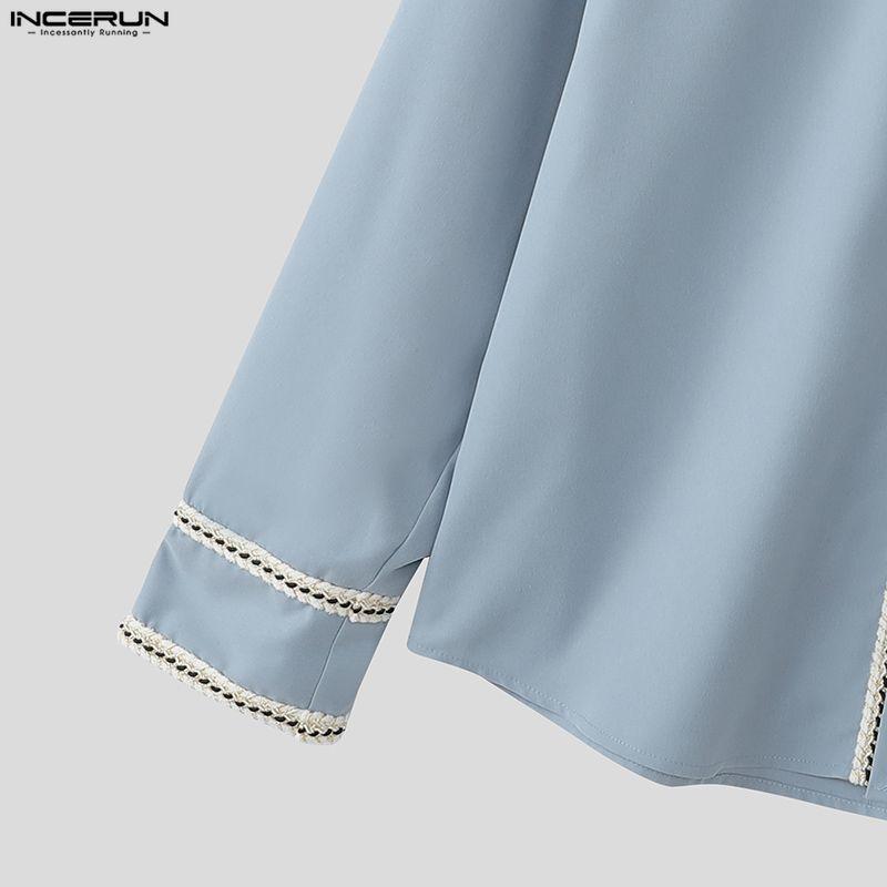 INCERUN Men Stand Neck Stitching Buttons Up Casual Long Sleeve Shirts