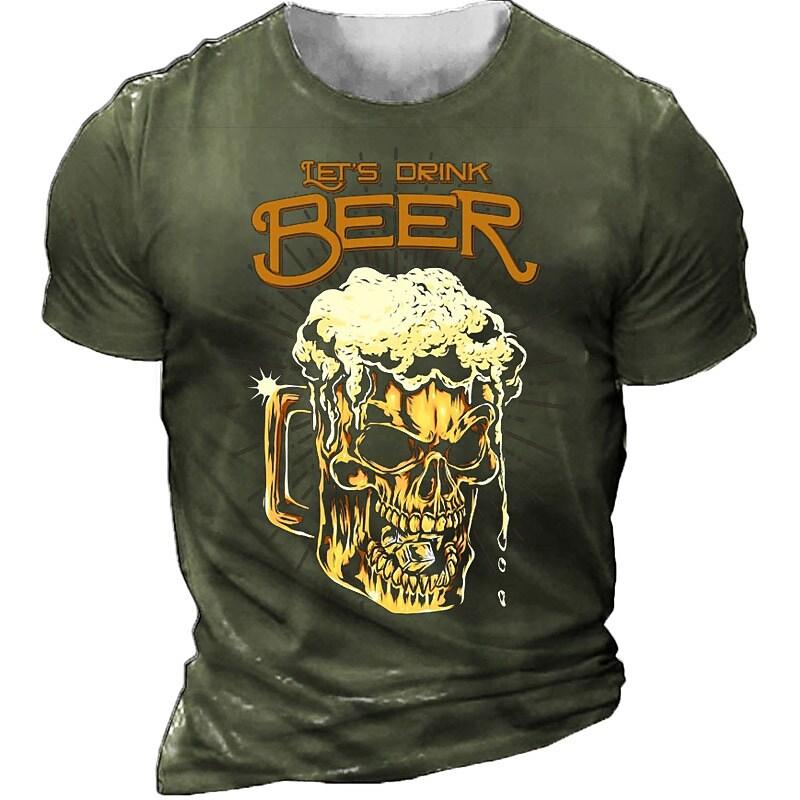Beer Skull Theme 3D Harajuku Print Men's Tough Guy Retro Punk Casual Summer Round Neck Short Sleeve Oversized New T-shirt Tops