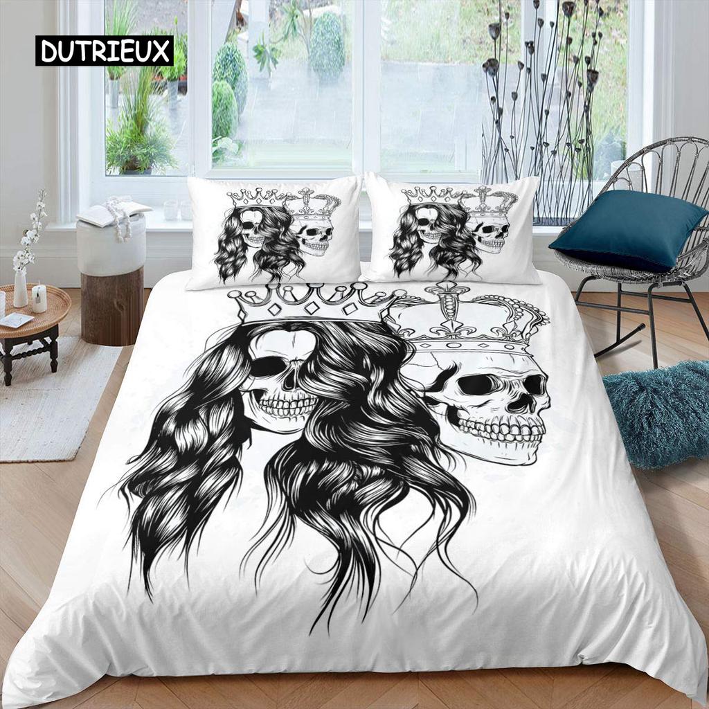 Sugar Skull Duvet Cover for Lover Sweetheart Roses Twin Bedding Set Microfiber Halloween Men Smoke Fog Horror Gothic Quilt Cover