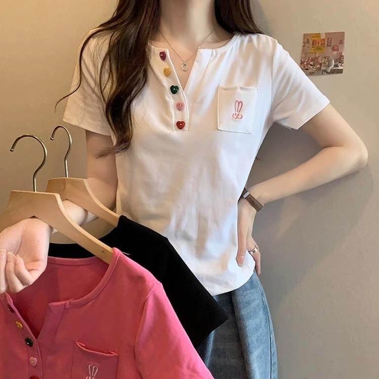 Summer Pure Cotton Irregular Solid T Shirts Women‘s V-neck Short-sleeve T-shirt Casual Slim Elastic Skinny Y2k Top Women Clothes