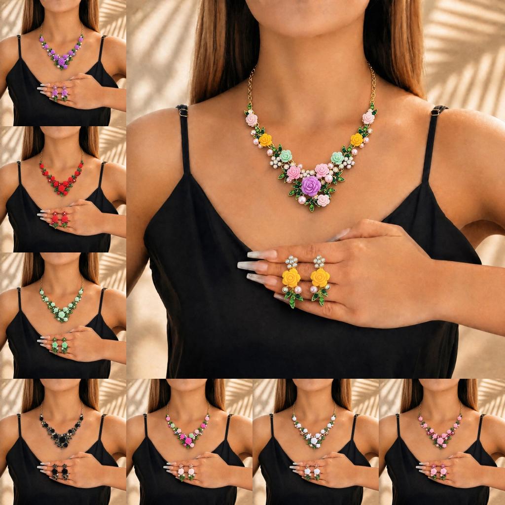 French Gentle Pink Rose Flower Pearl Necklace Earrings Set Mori Fresh Bridal Dress Accessories Women's 2026