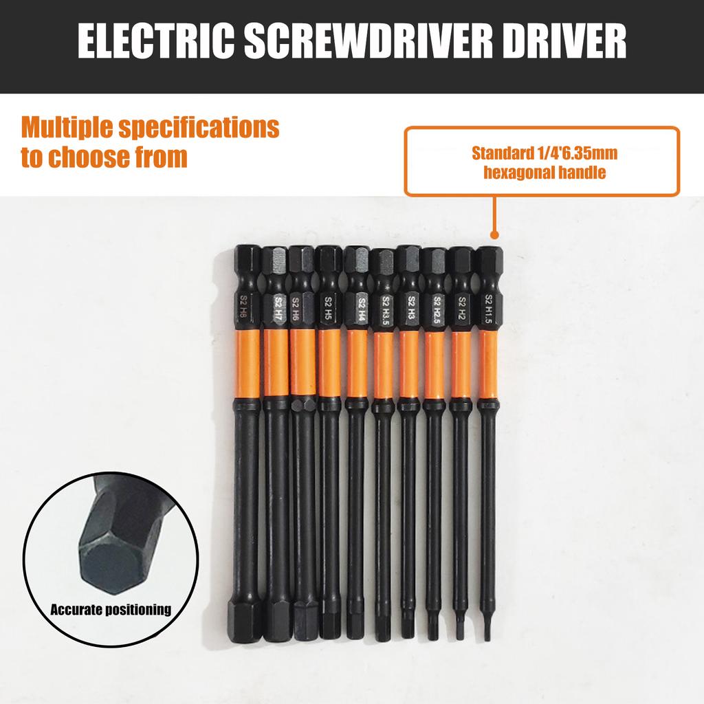 10Pcs Impact Hex Head Allen Wrenches Drill Bit Set 100mm H1.5-H8 Hex Shank Steel Hex Screwdriver Bit for Assembling