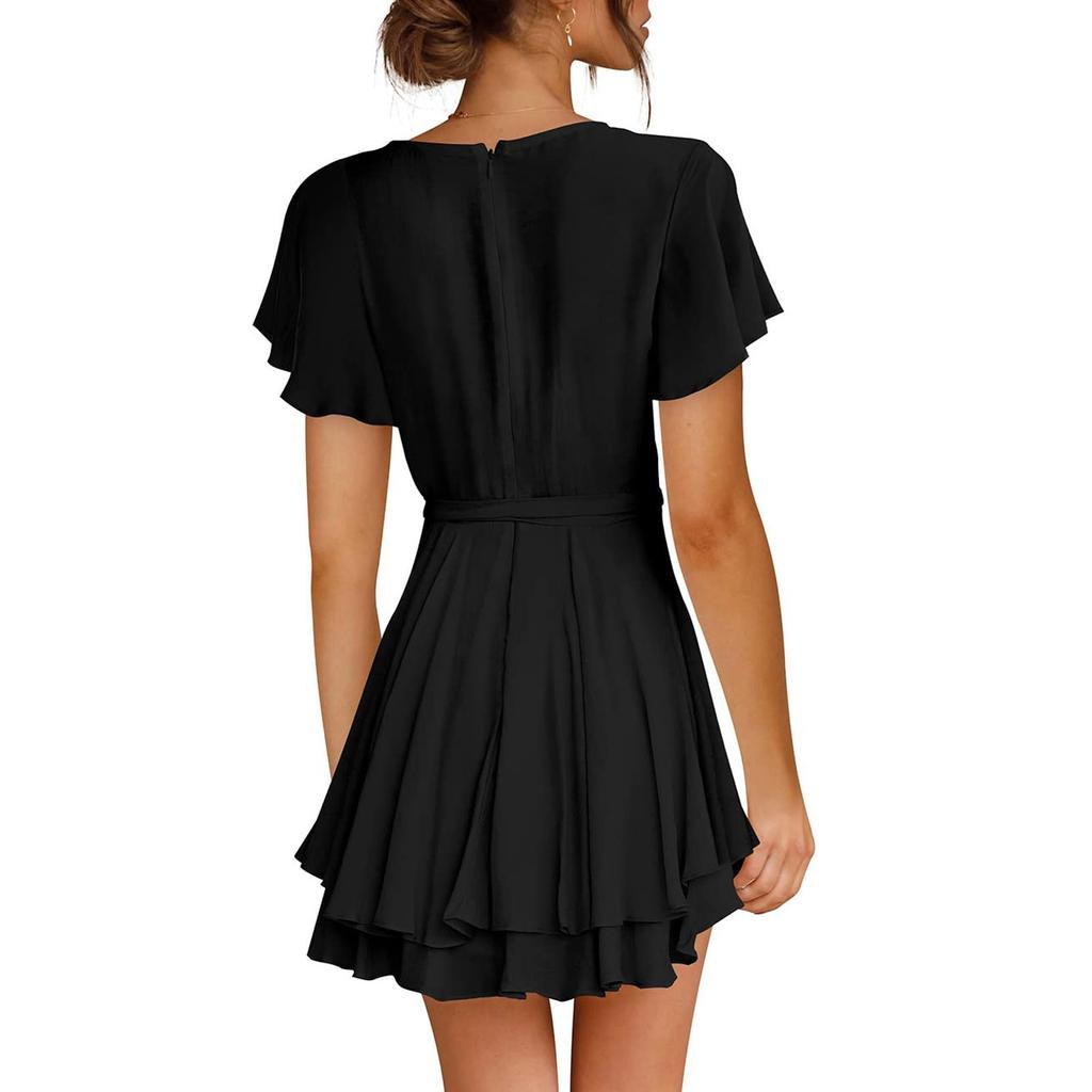 Women's Fashion Casual Color Short Sleeve V-Neck Loose Waist Ruffle Dress