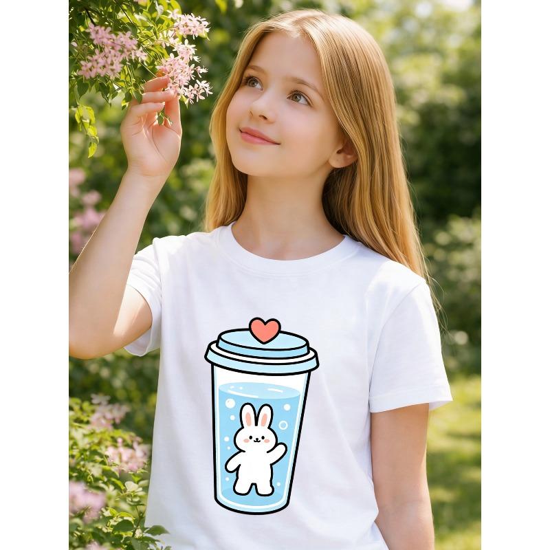 Girls Summer Crewneck T-Shirt, Heart Bunny Cup Print 110 белый