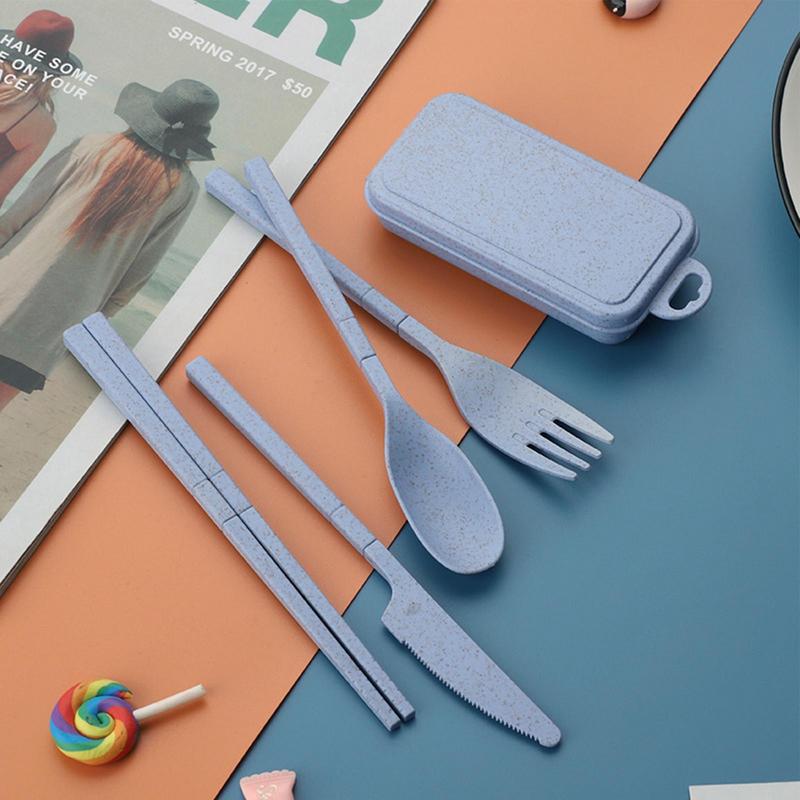 4pcs Wheat Straws Dinnerware Set Portable Tableware Cutter Fork Spoon Chopsticks Set Travel Cutlery Set Kitchen Utensil Box