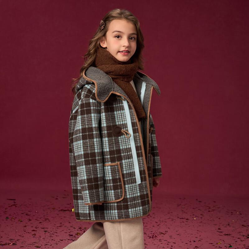 Girls' Warm Plaid Hooded Toggle Coat