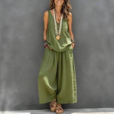 Mode d'été Décolleté plongeant à bretelles Sans manches Ensemble 2 Pièces Femmes Décontracté Uni Lâche Haut + Poche Pantalon Large Jambe Ensemble Deux Pièces