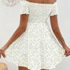 Floral Print Off-Shoulder A-Line Dress Women Sweet Cotton Short High Waist Sleeve Party Stage Outfit