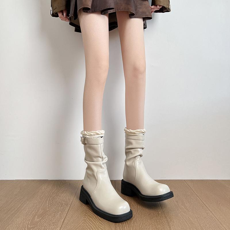 2025 autumn boots women's versatile apricot gentle short tube belt buckle short boots thick heel pile boots