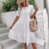 Elegant Fashion Lace White Dress Summer Short Sleeve Solid Hollow Embroidered Women Casual Dresses Women Vintage Round Neck A Line Loose Dress 24563