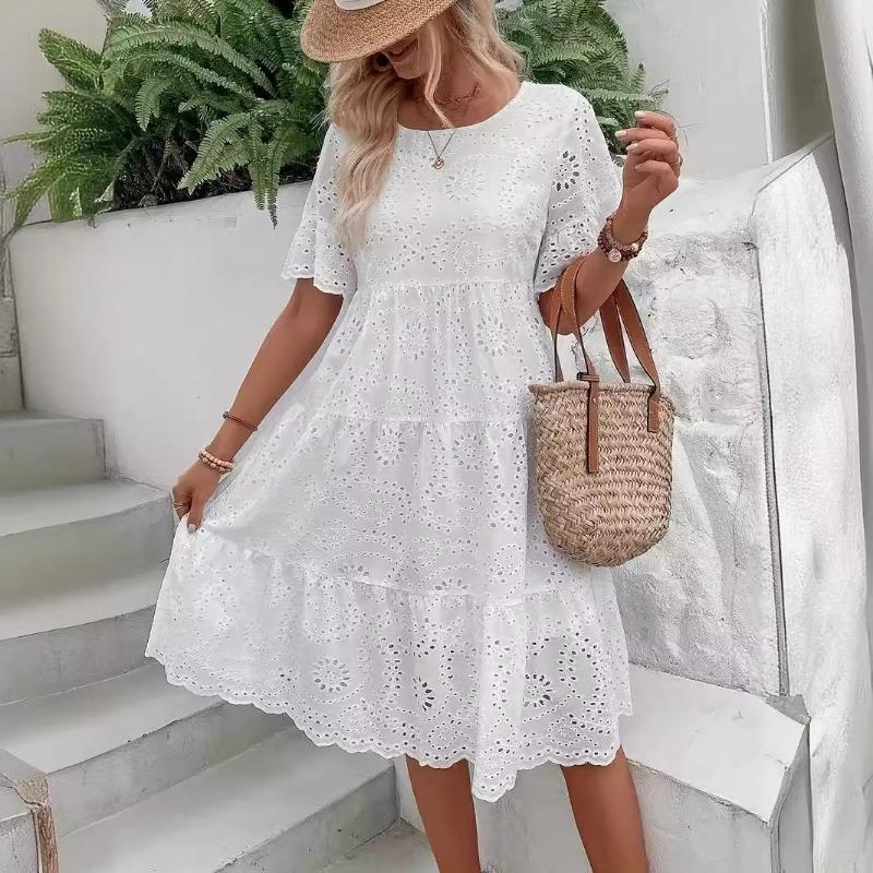 Elegant Fashion Lace White Dress Summer Short Sleeve Solid Hollow Embroidered Women Casual Dresses Women Vintage Round Neck A Line Loose Dress 24563