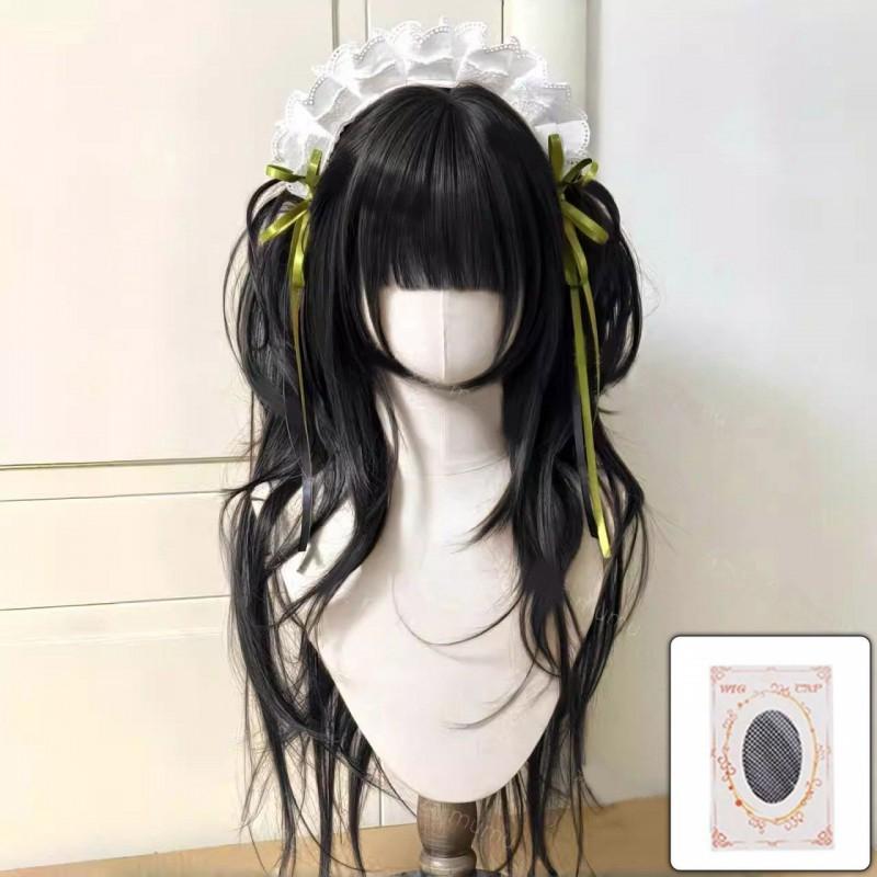 Lolita Wig With High Layered Long Wavy Hair Twin Ponytail Clip-on Set Silk Base Cap Heat Resistant Synthetic Fiber Cosplay