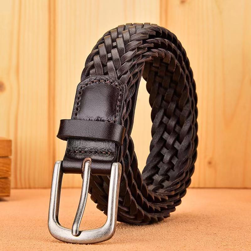Meimeier Handmade woven leather belt - men's genuine top grain cowhide casual retro pin buckle belt