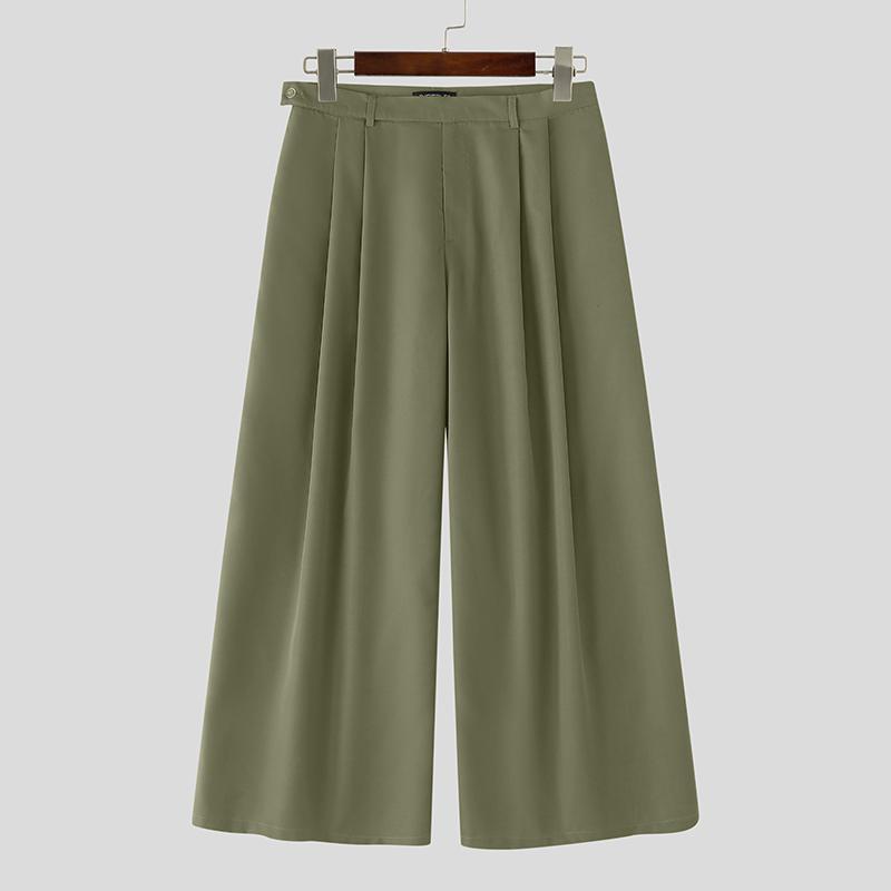 INCERUN Men Zip-up High Waist Casual Long Wide Legs Pants Trousers