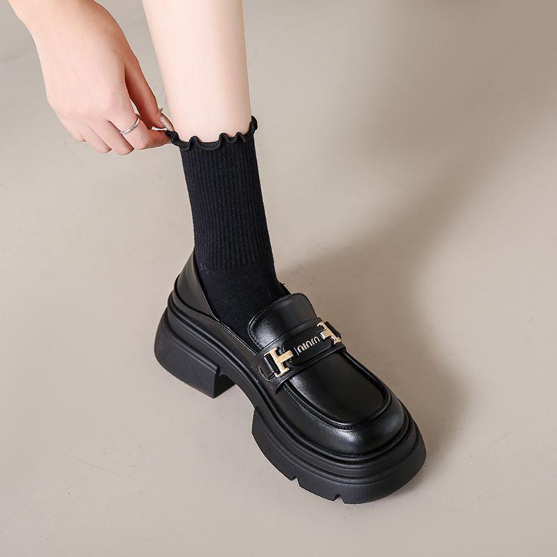 Platform loafers women's autumn 2025 new one-pedal women's shoes British style black small leather shoes spring and autumn soft sole