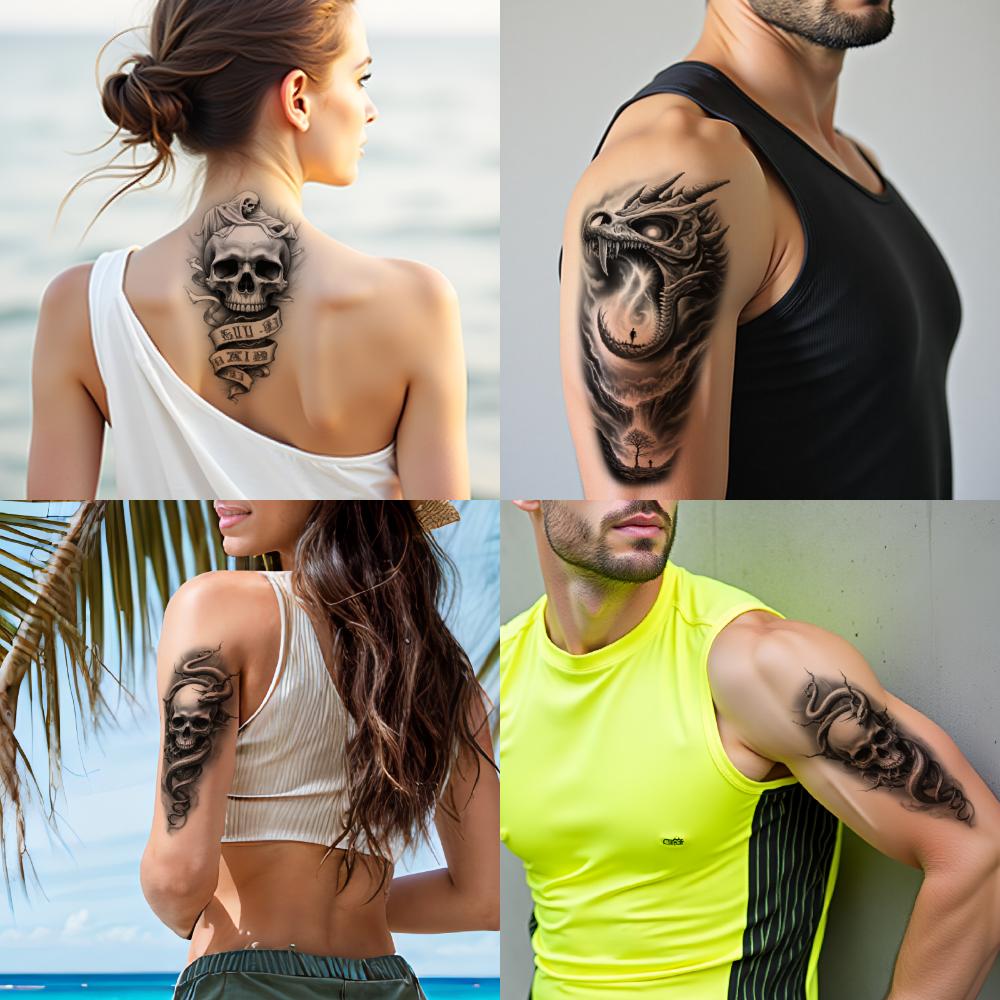 3 Stück Temporäre Tattoos Realistische Temporäre Tattoos Skelett mit Kapuze Spinnenkopf Totenkopf Drachenschädel Für Männer Erwachsene Oberschenkel