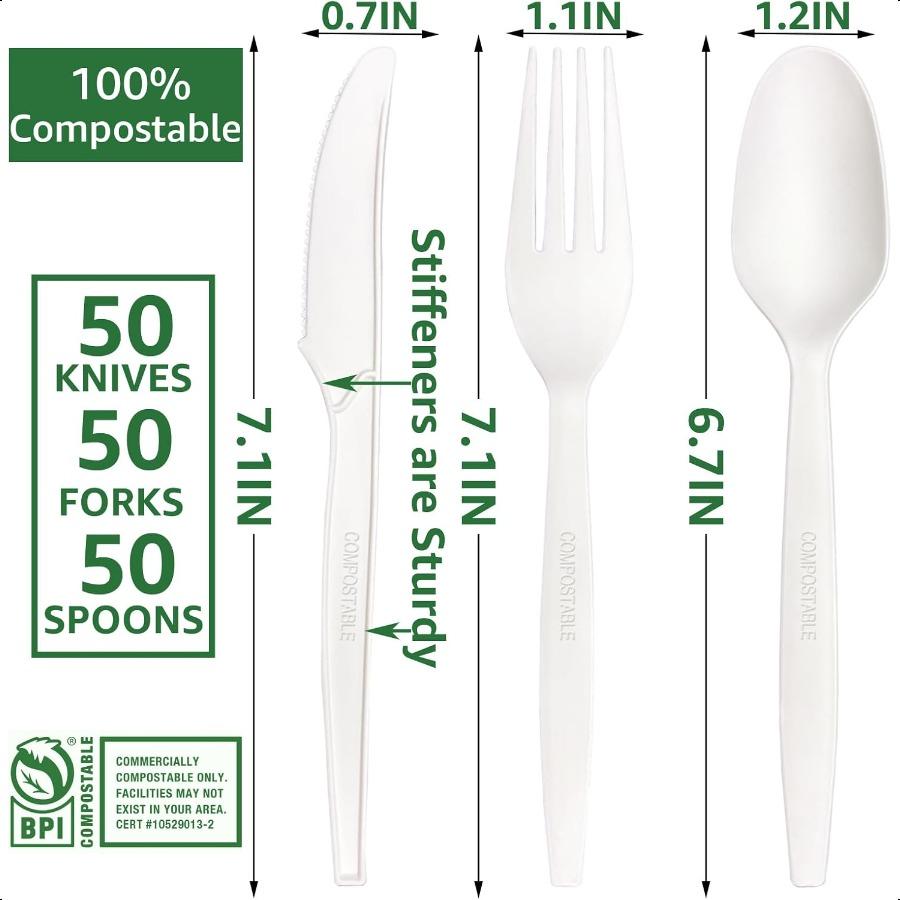 150Pcs 100% Compostable Utensils Cutlery Biodegradable HeavyDuty No Plastic Utensils Silverware Cutlery Set EcoFriendly Heavywe