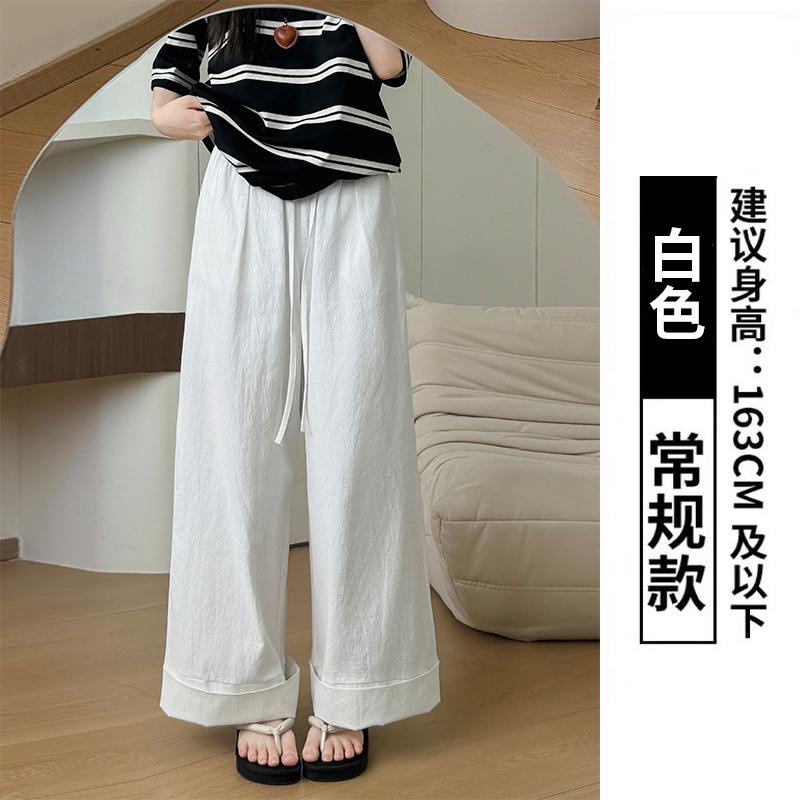 

White hemmed linen trousers women s trousers summer thin high-waisted lazy wind casual trousers straight vertical cotton and linen wide-leg trousers S