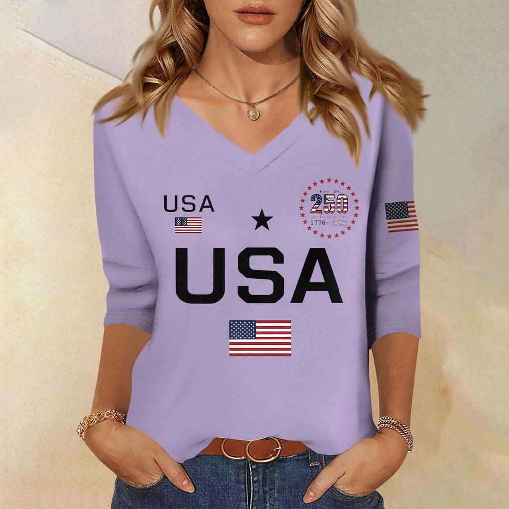 Damen T-Shirt Print 3/4 Ärmel Alltag Wochenendmode Basic V-Ausschnitt Normales Oberteil