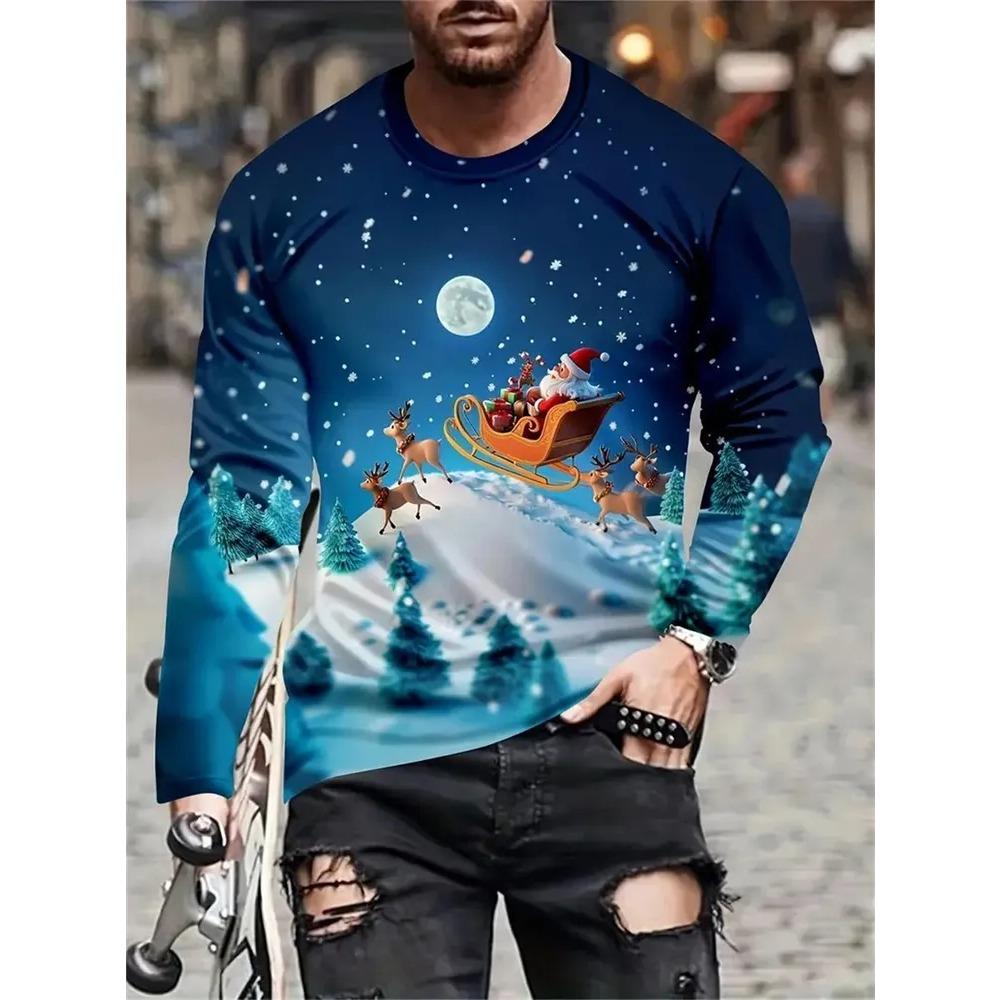 Spring Autumn Christmas Series 3D Printed Comfortable Round Neck T-shirt Loose Casual Sports Versatile Men's Breathable Long Sleeve T-shirt