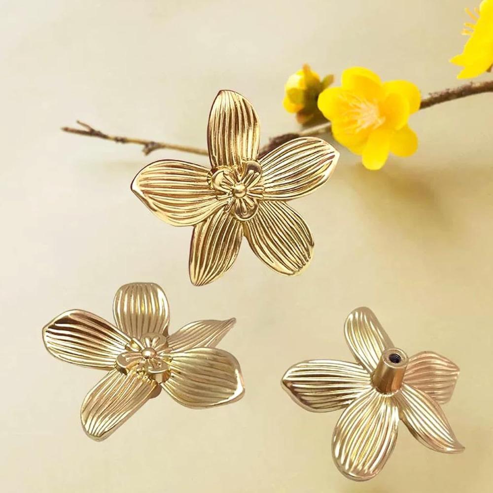 4pcs Flower Drawer Knobs Flower Cabinet Knobs Dresser Knobs 2.4 Inch (61mm) Gold Cabinet Door Knobs