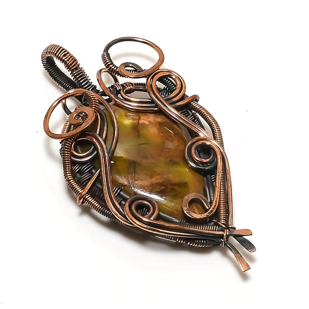 Green Opal 999 Copper Wire Wrapped Pendant, Handmade Gemstone Jewelry Pendant Gift For Birthday