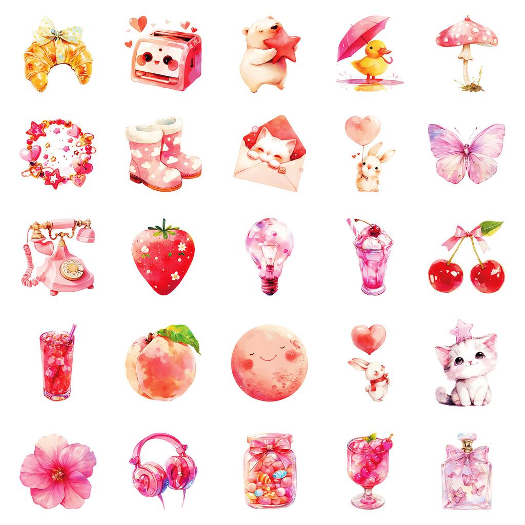 50 Cute Pink Mix And Match Graffiti Stickers Strawberry Unicorn Shell Non-Repeating Waterproof Decorative Stickers
