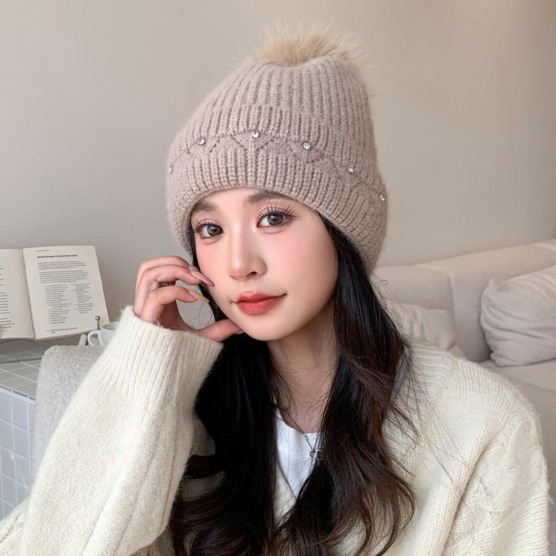 Korean versatile rabbit hair bright diamond knitted wool hat autumn and winter windproof ear protection hat casual big head circumference bag head hat
